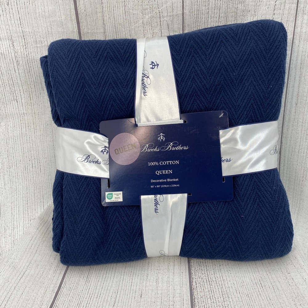 Brooks Brothers Blanket QUEEN Navy Blue 100% Cotton Herringbone Preppy Textured